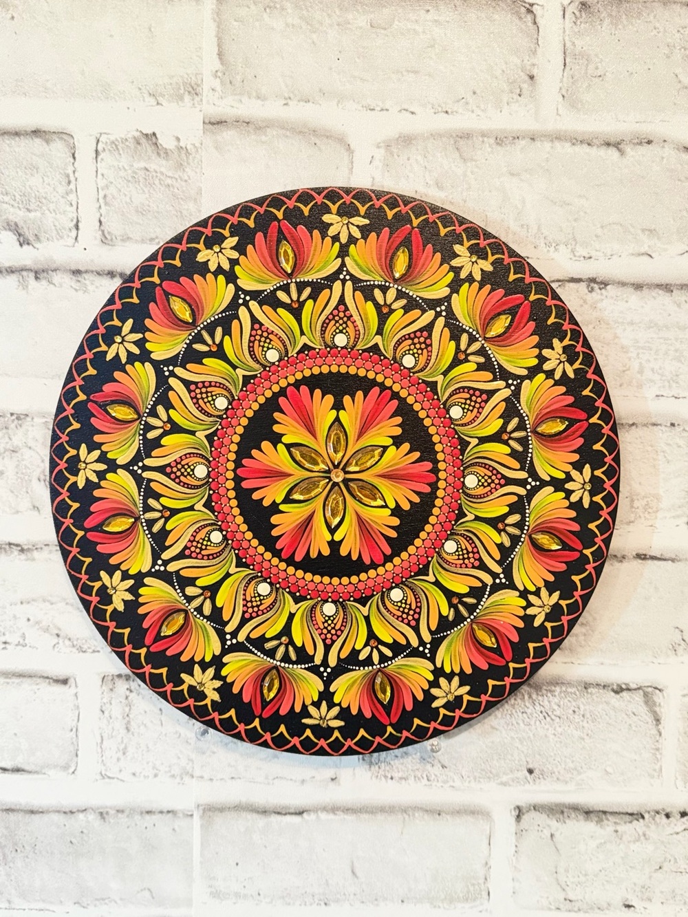 Solar Bloom Seed 10". Mandala Wood Wall Art. Hand painted Signed Dot Mandala Art
